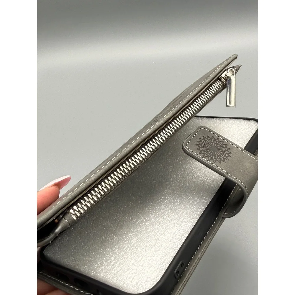 Grey Mandala Embossed Wallet Case for iPhone‎ 13 Pro Max with Zipper & Wristlet